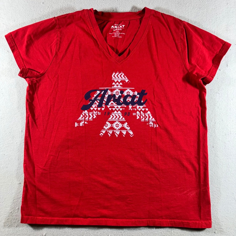 Ariat Real Womens Red V-Neck Graphic T-Shirt Eagle Southwestern Large 1005037